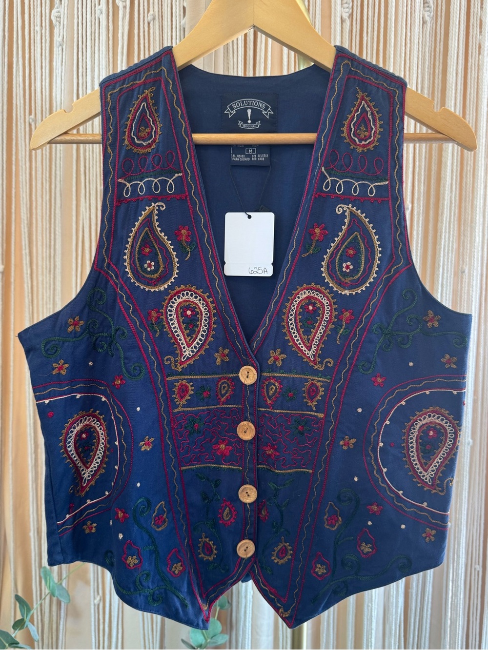 VTG 90s Solutions Original Embroidered Paisley Cotton Vest waistcoat Blue Medium